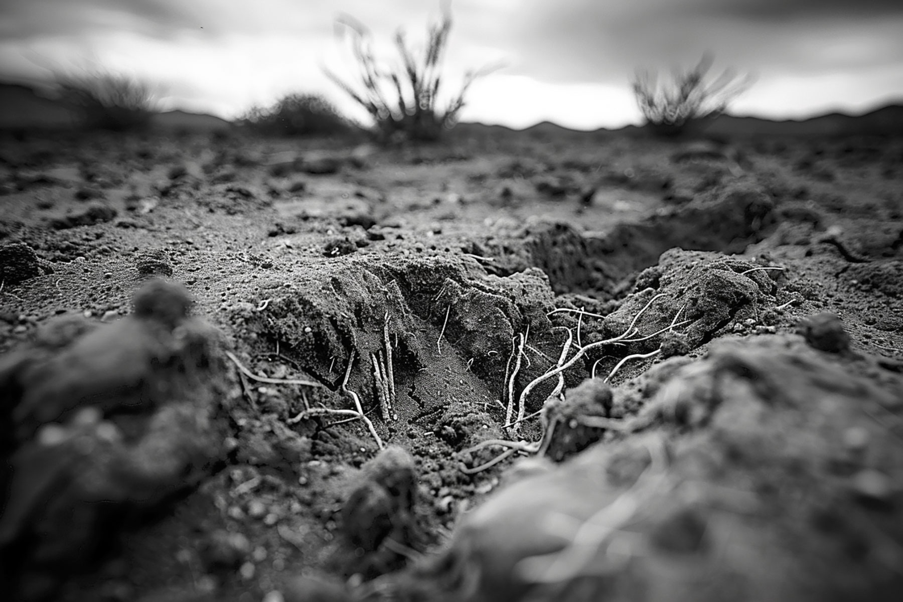 Primer plano de suelo natural vivo en el desierto de Baja California Sur, mostrando textura de tierra, raíces y microvida, ejemplo de territorio sin intervenir